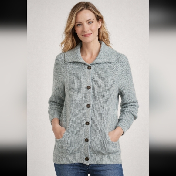 L.L. Bean Sweaters - LL Bean Cardigan Sweater Women's Medium Aqua Shawl Collar Chunky Knit Mid Length